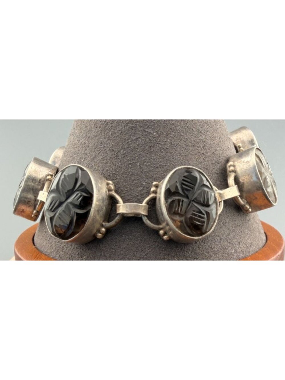 Vintage Bracelet Carved Rock Quartz Sterling Silver Link Crystal Smoky Quartz